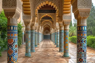 Deurstickers Arabian Architectural Marvel: A Majestic Walkway Through a Stunning Moorish Castle Generative AI © Satyam