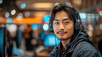 Obraz premium Dedicated Asian Male Support Specialist with Headset - Focused Customer Service in Dynamic Call Center Environment - AI Generated