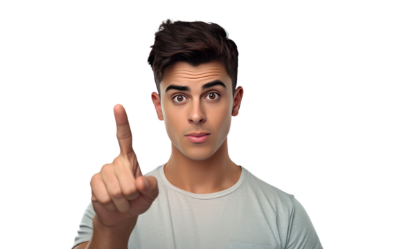 man young age pointing his finger on white or PNG transparent background. - Powered by Adobe