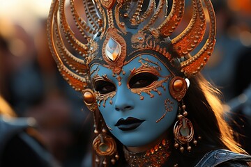 Venetian masks at dawn in venice, carnival in italy, people in suits, attention to detail