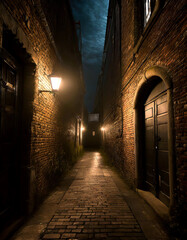 Fototapeta na wymiar Creepy dark alleyway low lighting lined with closed doorways. 