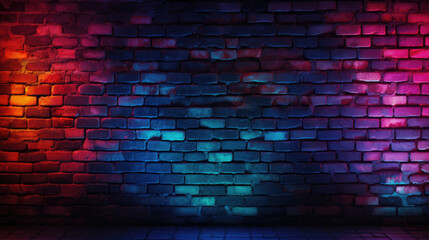 Brick wall background, neon colorful lights grunge texture or pattern for design. Generative ai