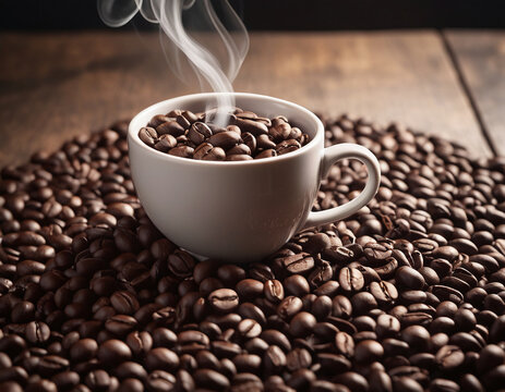 smoky coffee Beans Isolated On mug or cup