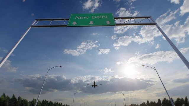 New Delhi City Road Sign - Airplane Arriving To New Delhi Airport Travelling To India