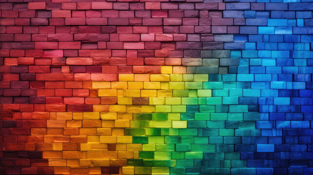 Brick wall background, spectrum colors grunge texture or pattern for design, backdrop. Generative ai © LFK