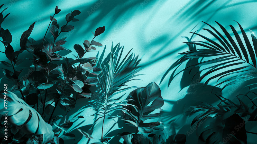 Wall mural A monochromatic image of tropical leaves in various shades of turquoise with soft shadows on a matching background flat lay top view overhead - Wall murals