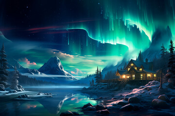 Beautiful winter northern landscape with northern lights. A house on the mountains on the shore of a lake in winter. Ai generative..