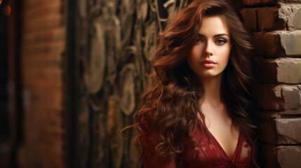 Brunette woman next to brick wall background, grunge texture or pattern for design. Generative ai