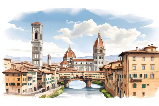 Front view of aesthetic Florence landscape illustration or cartoon