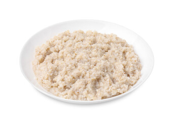 Delicious barley porridge in bowl isolated on white