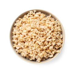 Delicious pearl barley in bowl isolated on white, top view