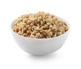 Delicious pearl barley in bowl isolated on white