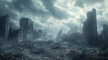 Post-Apocalyptic Metropolis Decay, Ominous Cloudscape - obrazy, fototapety, plakaty