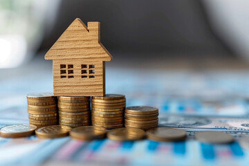 Mini house on stack of coins. Appraisal of property value ,Investment in real estate, houses Bank interest and real estate business.Generative ai.