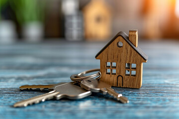 close up photo of key with a keychain in form of a house lying on table surface with house background.Concept for real estate, mortgage, moving home or renting property.Generative ai.