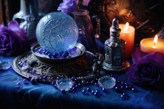 Chakras, arot and spiritualism mystic blue background
