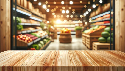 empty wooden table with blur beautiful grocery store background - obrazy, fototapety, plakaty