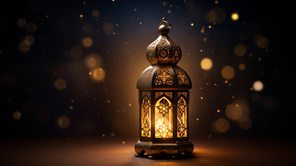 An ornate traditional lantern Ramadan Kareem Islam casting a warm glow with a blurred city skyline during sunset in the background.