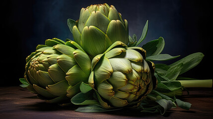 Fototapeta premium Close view of three artichokes with leaves