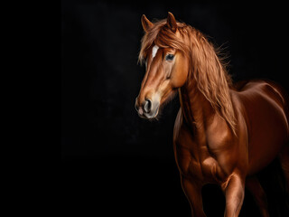 Obraz premium Studio portrait of a beautiful chestnut horse on a dark background