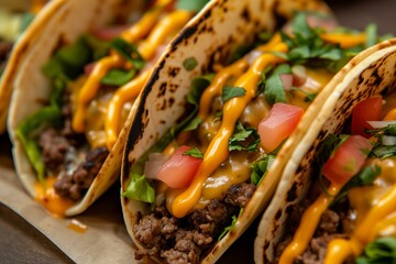 cheeseburger tacos close up, fusion, delicious professional food photography - obrazy, fototapety, plakaty