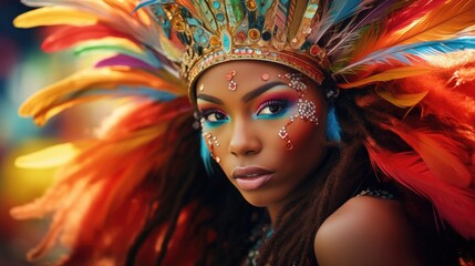 Naklejka premium Radiant Carnival Queen: A Tapestry of Feathers and Fashion Generative AI