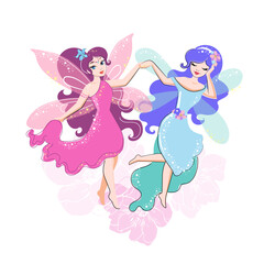 Two beautiful cartoon fairies and a pink flowers isolated on a white background. Vector illustration for children. Valentine's Day concept