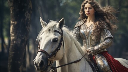 Beautiful female knight in shiny metal riding on a horse. Portrait of an attractive young woman in royal armor riding through a forest. Woman knight riding on a horse.