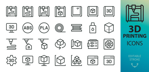 Additive manufacturing and 3D printing icons set. Set of 3D printer, prototyping, modeling, additive technology vector icon with editable stroke