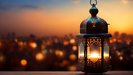 An ornate traditional lantern Ramadan Kareem Islam casting a warm glow with a blurred city skyline during sunset in the background.