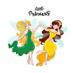 Two beautiful cartoon fairies and a rainbow isolated on a white background. Vector illustration for children