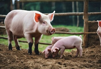 four little pigs standing near each other on a dirt patch