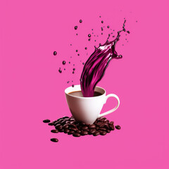 Fototapeta premium Coffee beans and coffee on pink background