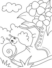 Coloring page outline of cartoon smiling cute snail on a boot. Colorful vector illustration, summer coloring book for kids.
