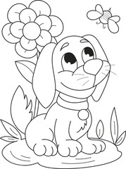 Coloring page outline of the cartoon smiling cute little dog with a bee and a big flower. Colorful vector illustration, summers coloring book for kids.