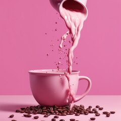 Coffee beans and coffee on pink background