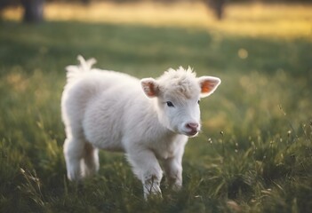 Obraz premium a baby white cow standing in the grass on an open field
