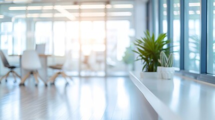 A modern office space blurred background with natural light with a focus on a natural green plant, space for text