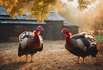 two turkeys walk near a barn in the sun while another sits next to it - obrazy, fototapety, plakaty