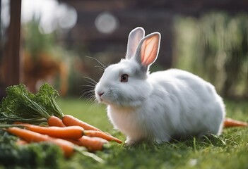 a rabbit with ears sticking out standing in the grass next to some carrots