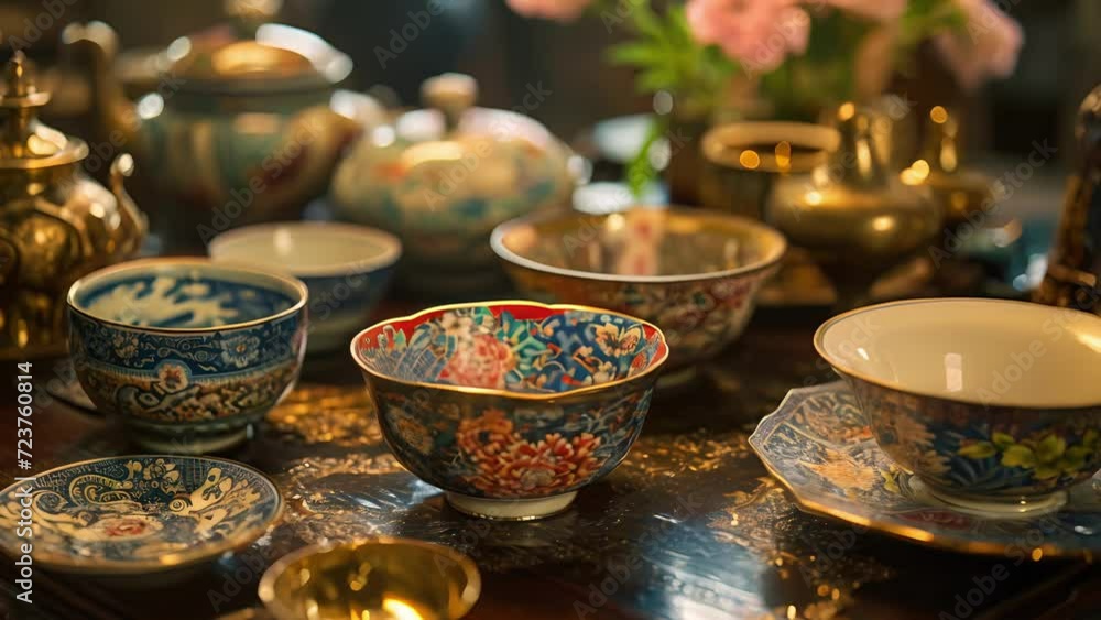 Poster intricate patterns adorning tea cups and utensils, adding to the visual experience of the ceremony.