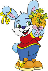 Coloring page outline of cartoon cute little rabbit with carrots. Colorful vector illustration, summer coloring book for kids.