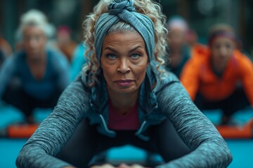 Close up portrait of senior woman wears sportswear doing exercises on a group training in the gym
