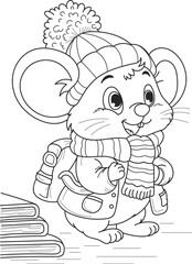 Coloring page outline of cartoon smiling cute mouse goes to school. Colorful vector illustration, winter coloring book for kids.