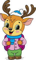 Coloring page outline of cartoon smiling cute christmas deer goes to school. Colorful vector illustration, winter coloring book for kids.