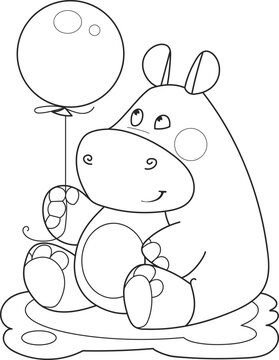 Coloring page outline of cartoon smiling cute little hippo with a balloon. Colorful vector illustration, summer coloring book for kids.