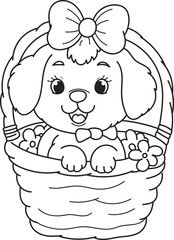 Coloring page outline of cartoon smiling cute little dog in basket. Colorful vector illustration, summers coloring book for kids.
