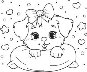 Coloring page outline of cartoon smiling cute little dog on pillow at night. Colorful vector illustration, summers coloring book for kids.
