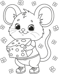 Coloring page outline of cartoon smiling cute mouse with cheese. Colorful vector illustration, summer coloring book for kids.