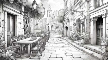 Foto auf Acrylglas Street cafe with tables and chairs in the old mediterranean town. Sketch illustration for coloring book. © milicenta